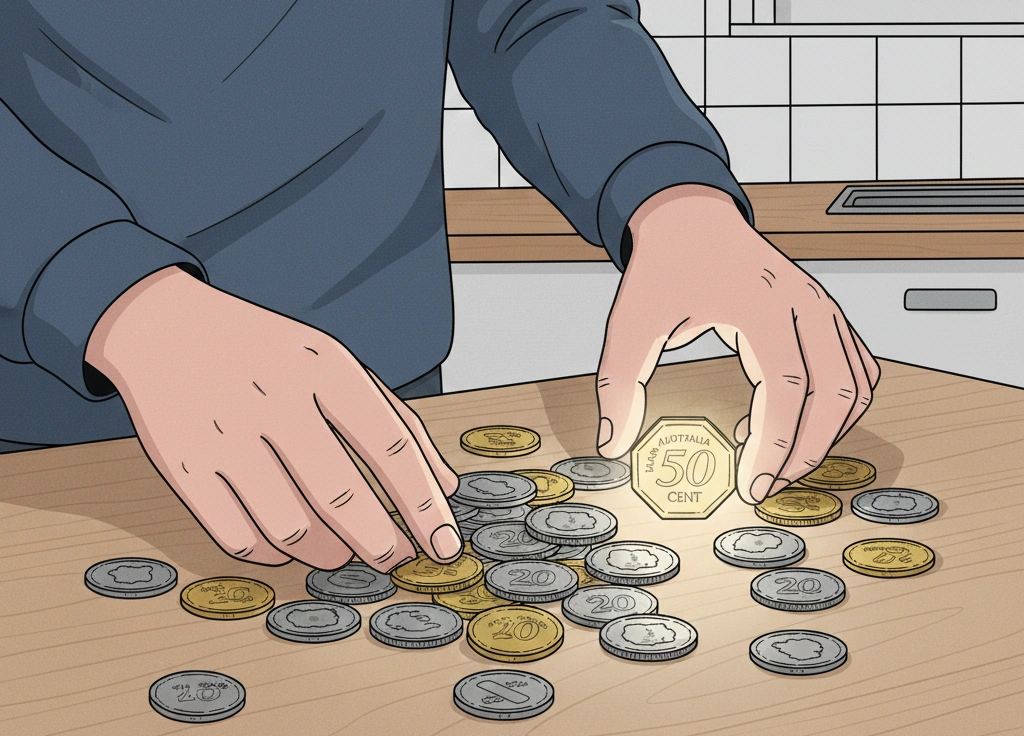 A person searching through Australian coins on a kitchen table, one rare 50 cent coin glowing