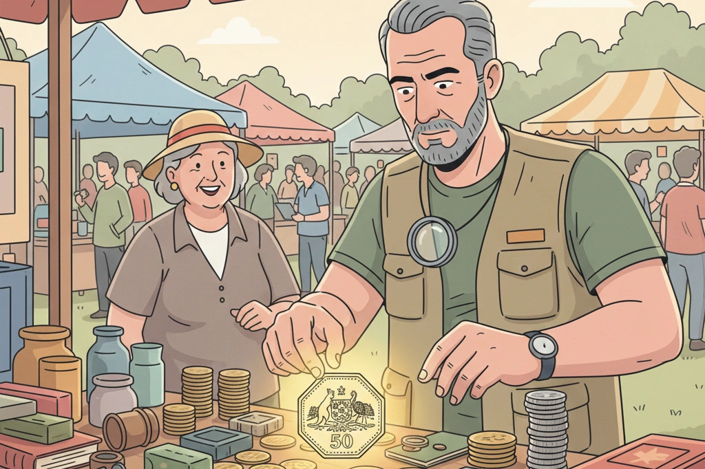  A collector at a flea market spotting a rare Australian 50 cent coin