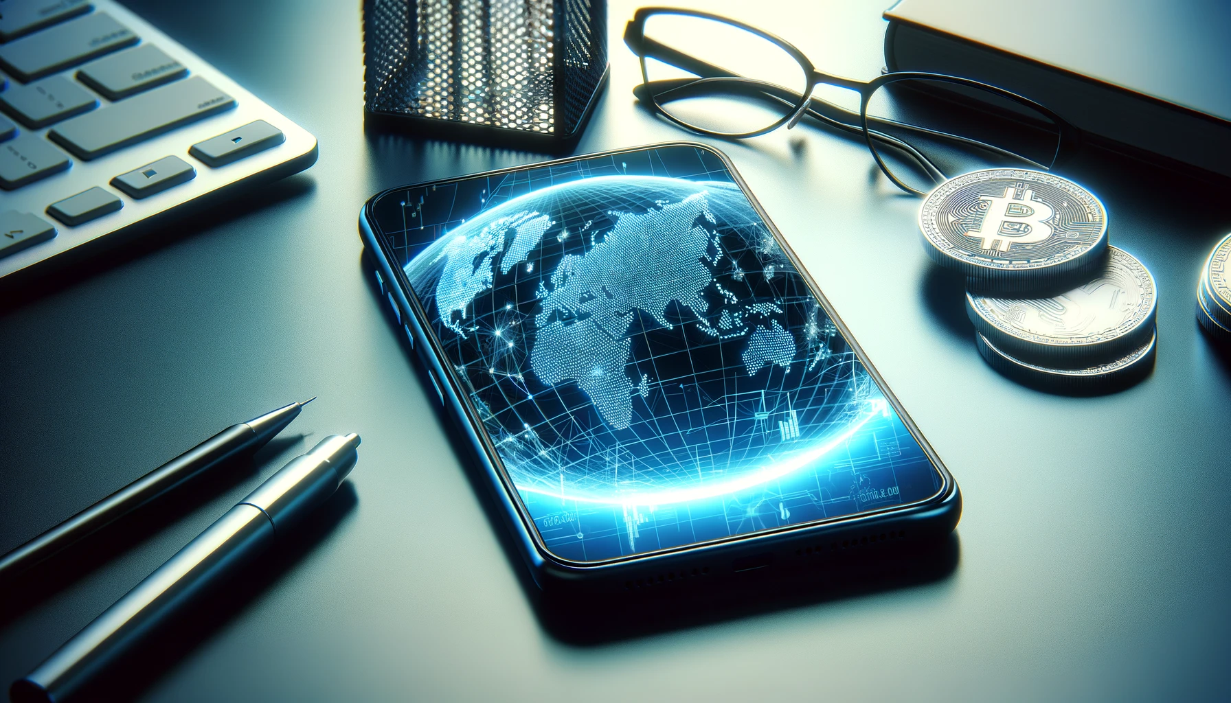 a digital world map on a smartphone screen, symbolizing global cryptocurrency transactions.