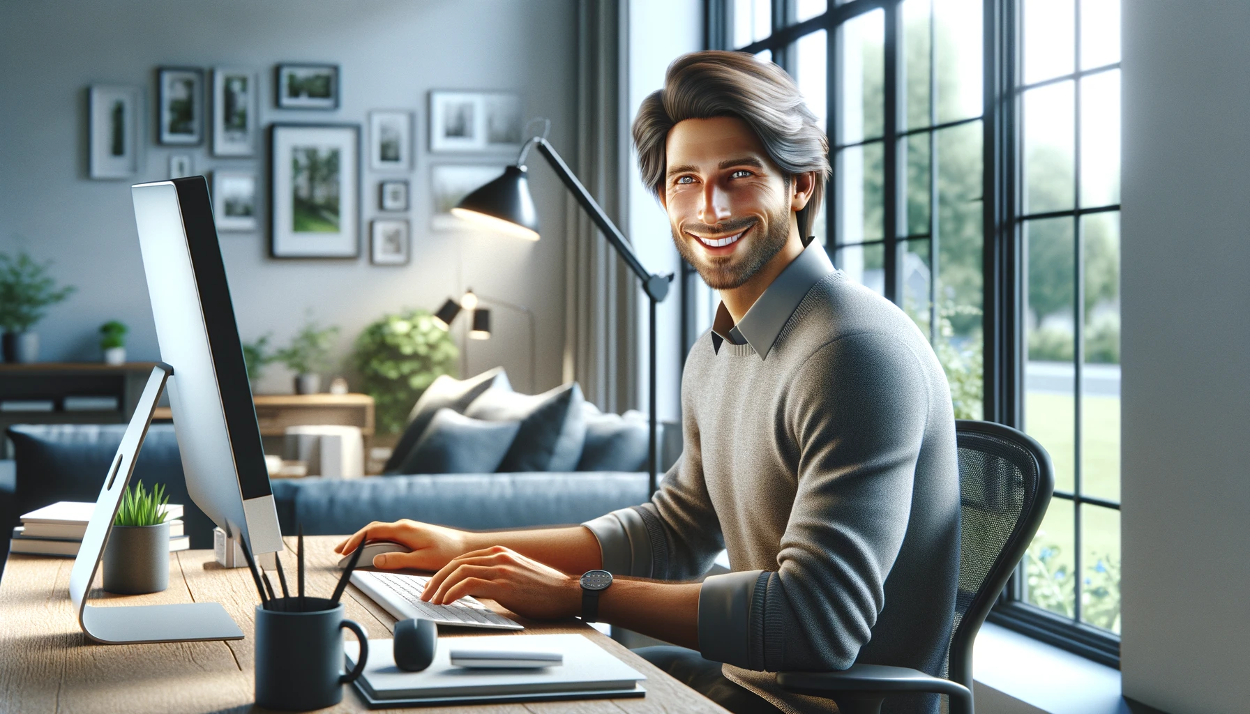 a smiling man working on his computer. The setting is an airy home office with large windows overlooking a garden. The man has medium-length brown hair and wears a grey sweater.