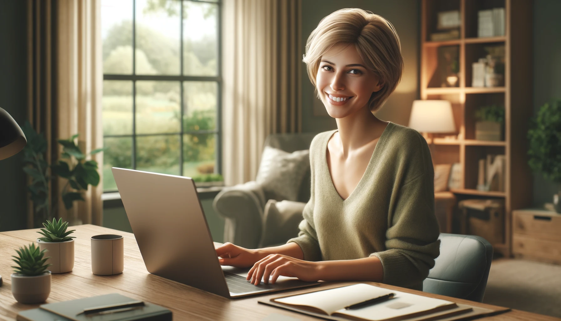 a smiling woman working on her computer. She is in a cozy home office with a large window showing a serene garden view. The woman has short blonde hair and wears a casual green sweater.