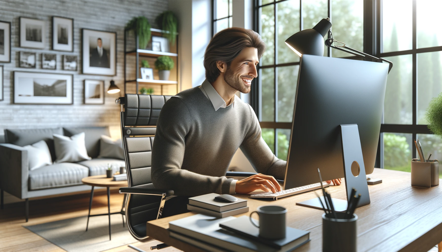 a smiling man working on his computer. The setting is an airy home office with large windows overlooking a garden.