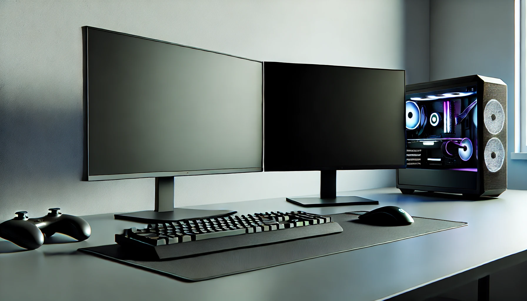 An advanced PC setup with two sleek, turned-off monitors on a clean desk, featuring realistic reflections and soft natural lighting that highlights the equipment's lifelike details.