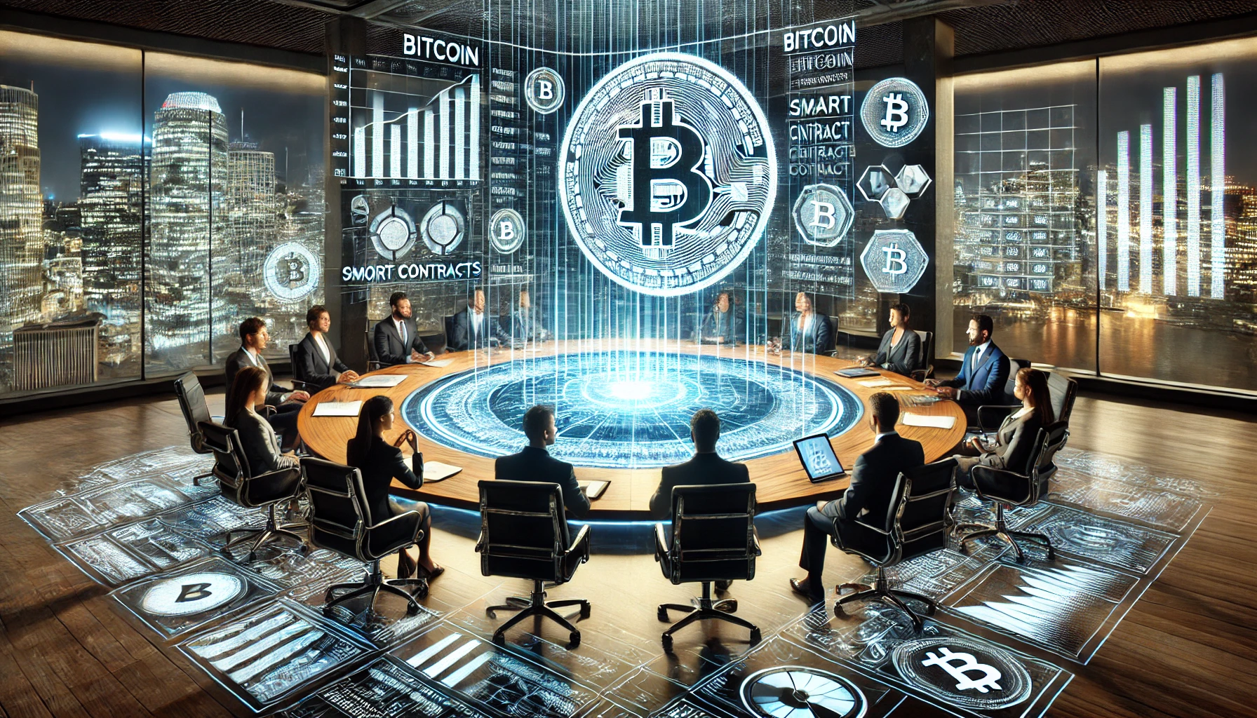 a futuristic financial conference room where experts are discussing the impact of Bitcoin and smart contracts on the global economy.