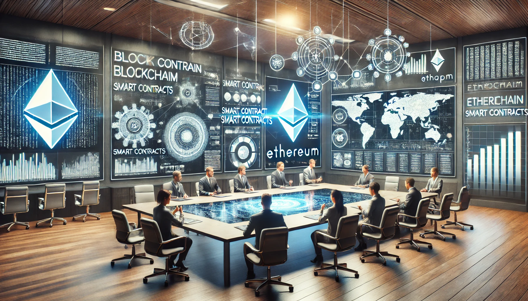 an innovative blockchain conference room where industry professionals discuss Ethereum and smart contracts.