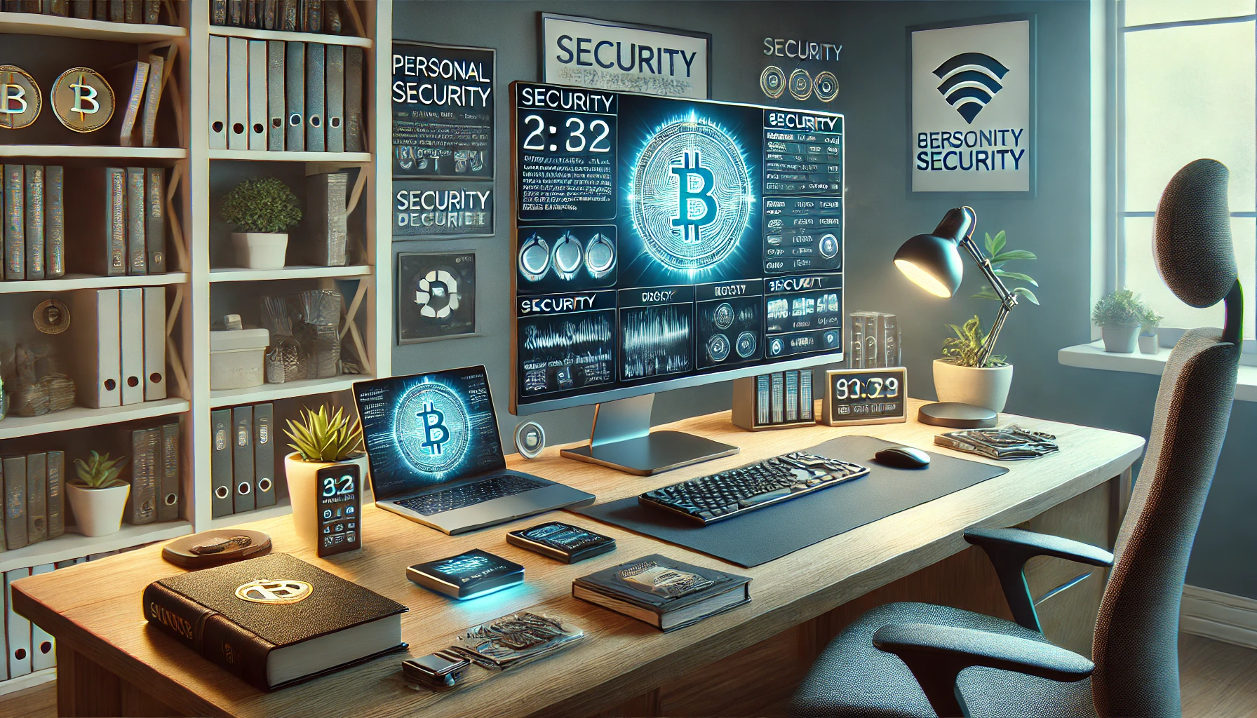 a cryptocurrency enthusiast's home office setup focused on security