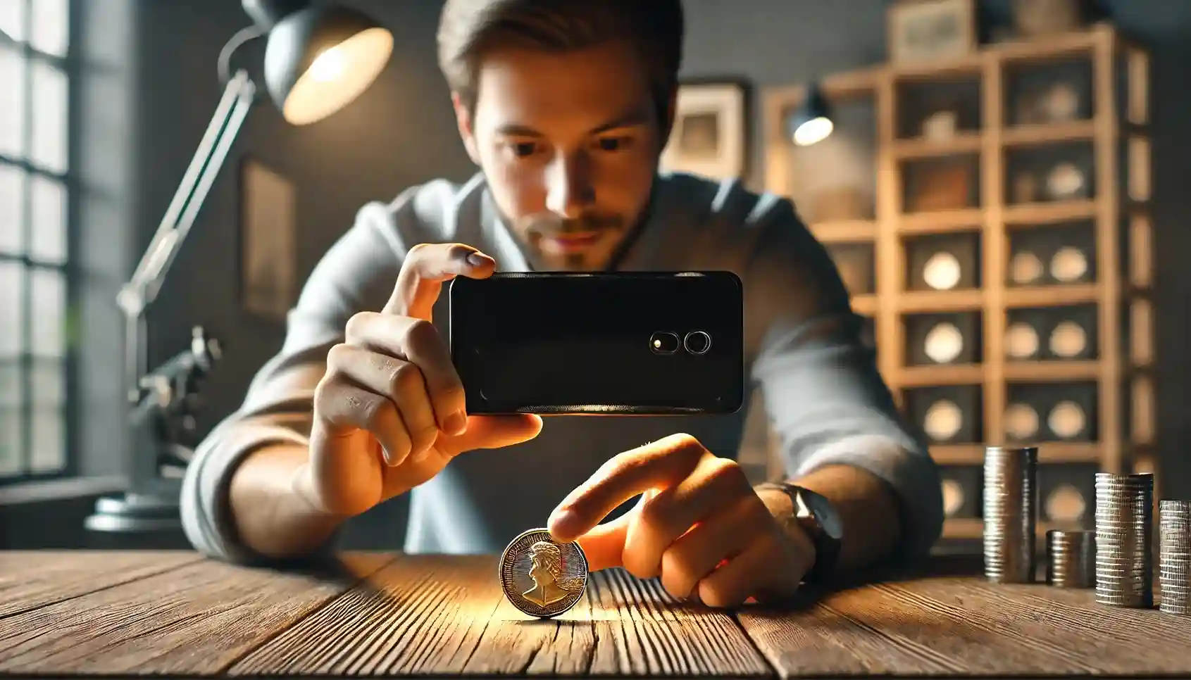 A male collector taking a photo of a coin with a smartphone to use a coin identification app.