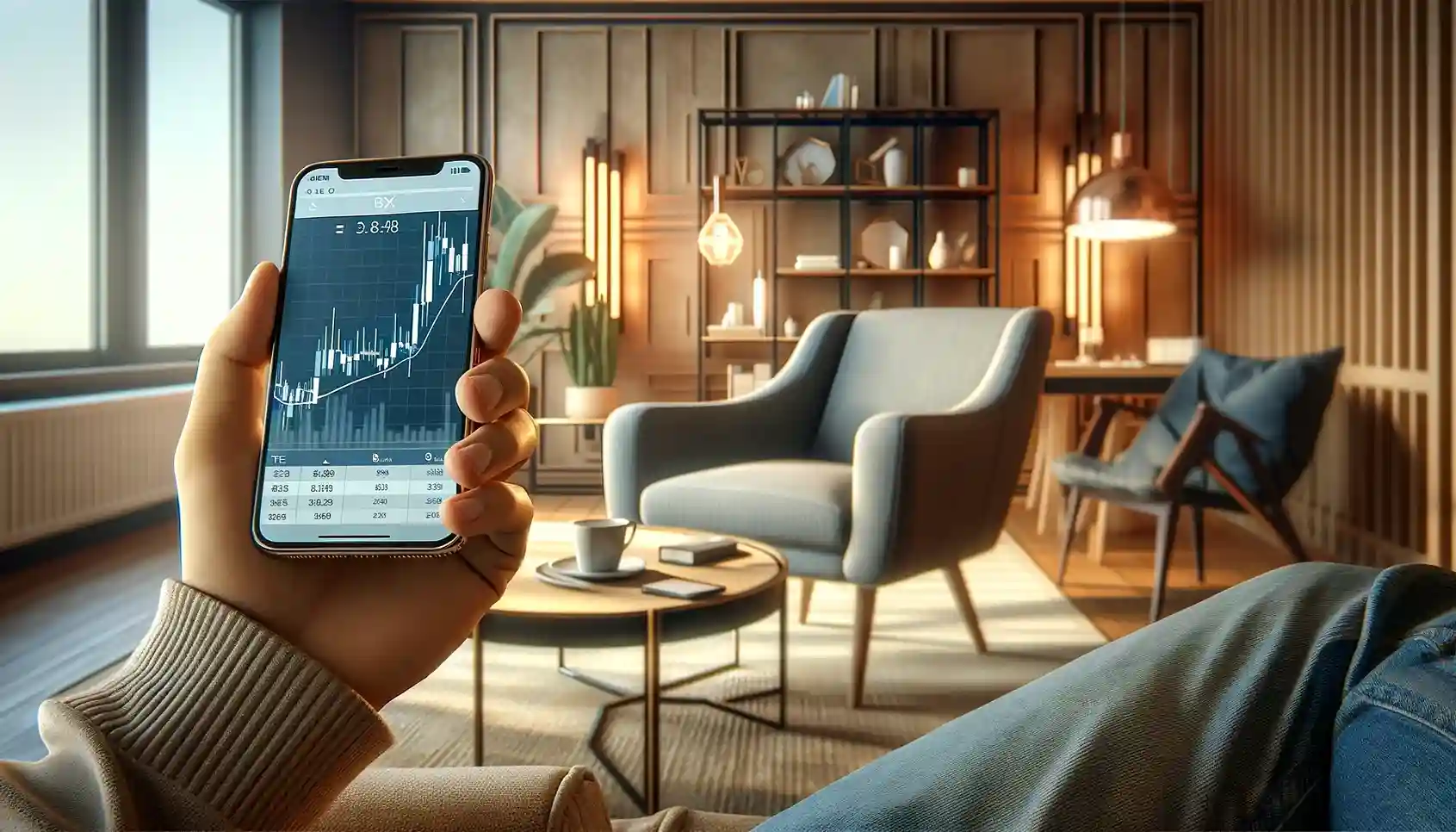 A person sitting in a modern, cozy room, holding a smartphone while analyzing cryptocurrency price trends.