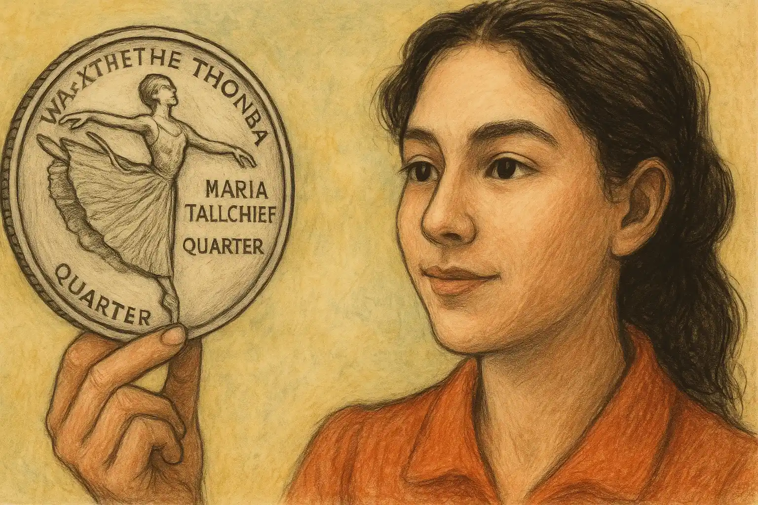 A young woman holds a Maria Talchief quarter.