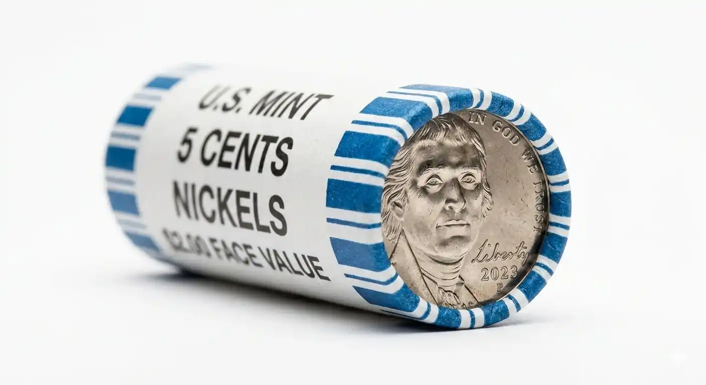 Close-up of a sealed roll of US nickels with one Jefferson nickel visible