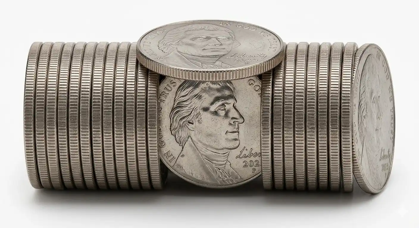 Macro shot of stacked Jefferson nickels arranged in roll